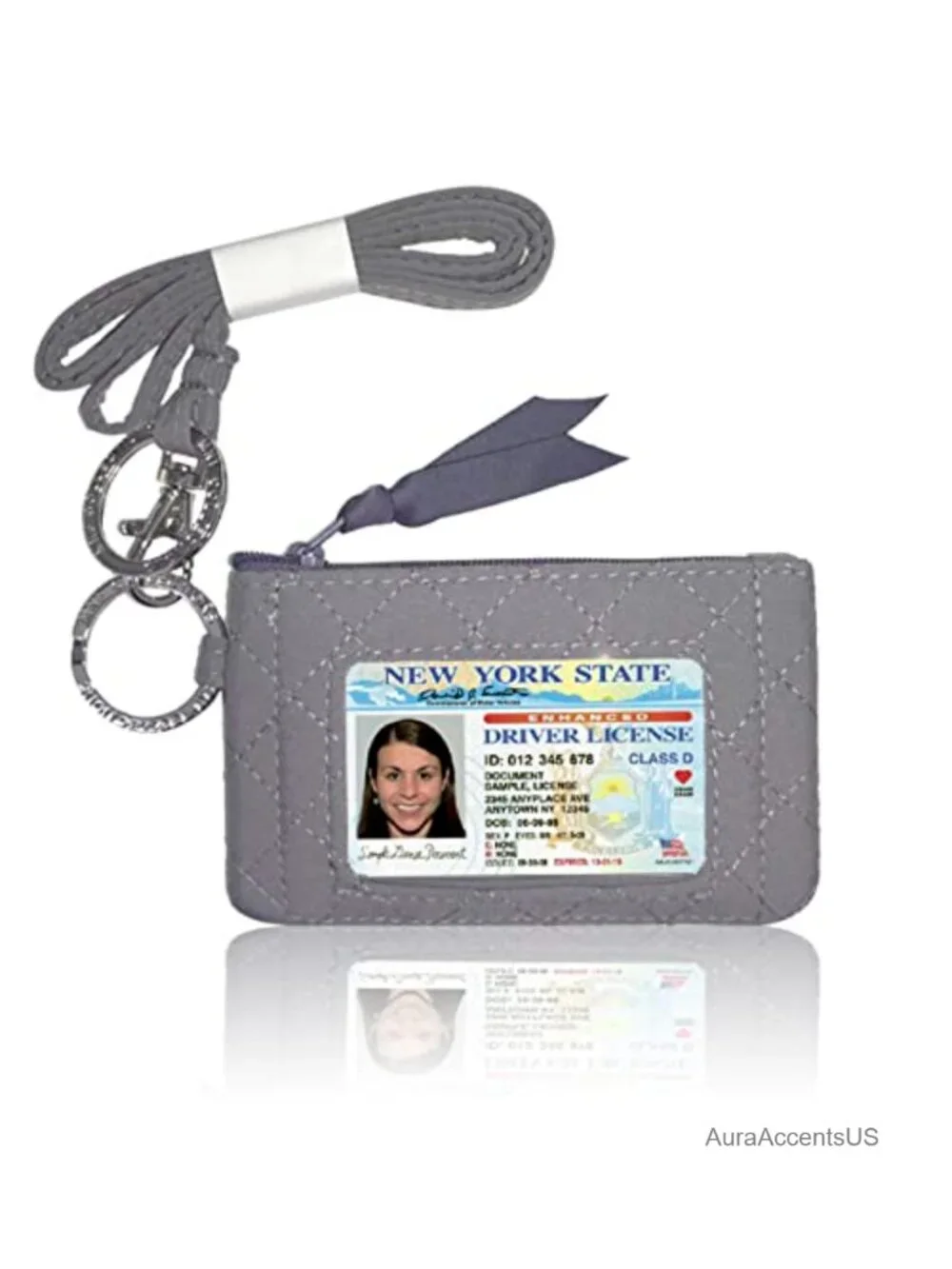Quilted Microfiber Lanyard with Zipper Wallet ID Case Keychain